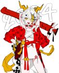  1girl 2024 budget_sarashi character_request chinese_zodiac copyright_request cowboy_shot dragon_girl dragon_horns happy_new_year highres horns pointy_ears sankichi_(croquette_crab) sarashi simple_background solo sword tongue tongue_out weapon white_background year_of_the_dragon 
