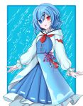  1girl absurdres adapted_costume blue_background blue_dress blue_eyes blue_hair commentary dress gnoxiinguyen hair_ornament heterochromia highres long_sleeves looking_at_viewer red_eyes ribbon-trimmed_dress solo tatara_kogasa touhou touhou_gensou_eclipse white_hood x_hair_ornament 