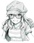  1girl blush cropped_arms cropped_torso fernandia_malvezzi greyscale headwear_request liar_lawyer looking_at_viewer monochrome semi-rimless_eyewear shirt smile solo strike_witches striped striped_shirt traditional_media under-rim_eyewear vest white_background world_witches_series 