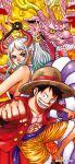  1girl 2boys absurdres alternate_form black_hair clenched_hands commentary_request dragon dragon_boy dragon_horns earrings eastern_dragon green_hair hair_ornament hair_stick hat highres hoop_earrings horns jewelry long_hair momonosuke_(one_piece) monkey_d._luffy multicolored_hair multiple_boys official_art one_piece oni oni_horns open_clothes red_shirt scar scar_on_cheek scar_on_chest scar_on_face shirt short_hair smile straw_hat teeth translation_request white_hair yamato_(one_piece) 
