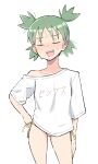  1girl absurdres blush closed_eyes clothes_writing green_hair hand_on_own_hip highres koiwai_yotsuba open_mouth panties quad_tails shirt short_hair short_sleeves side-tie_panties simple_background solo sweat t-shirt underwear white_background yotsubato! zlix0n 