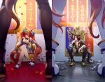  2girls animal_ears arm_rest black_footwear black_jacket black_shorts blue_jacket blue_skirt boots bow breasts brown_eyes brown_hair center_frills chain closed_mouth commentary_request crossed_legs daiwa_scarlet_(umamusume) ear_bow ear_ornament epaulettes frills hair_ornament hair_over_one_eye highres horse_ears horse_girl horse_tail jacket large_breasts long_hair long_sleeves multicolored_hair multiple_girls open_clothes open_jacket overload_(artist) petals pleated_skirt red_eyes red_hair rose_petals shorts sitting skirt stopwatch stopwatch_around_neck streaked_hair tail thigh_boots thighhighs throne tiara twintails umamusume very_long_hair vodka_(umamusume) white_footwear white_hair white_thighhighs 