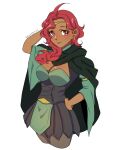  1girl ahoge artist_name breasts cape circlet cleavage closed_mouth commentary dark-skinned_female dark_skin earrings eyelashes fire_emblem fire_emblem:_three_houses green_cape hand_on_own_hip hapi_(fire_emblem) highres jewelry large_breasts long_hair red_eyes red_hair simple_background smile smkittykat solo twitter_username white_background 