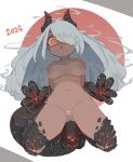 1girl 2024 :o animal_feet animal_hands ass_visible_through_thighs bar_censor black_horns black_tail breasts censored chinese_zodiac circle claw_pose commentary_request dark-skinned_female dark_skin dragon_girl dragon_horns dragon_tail grey_background grey_hair hair_over_one_eye highres horns inverted_nipples kneeling large_breasts long_hair looking_at_viewer multicolored_background navel nipples nude one_eye_covered orange_eyes original parted_lips pussy red_background red_circle shaded_face simple_background smoke solo tail unarsite v-shaped_eyebrows variant_set white_background year_of_the_dragon 