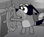 anthro black_and_white bluey_(series) bluey_heeler boat boat_wheel canid canine canis domestic_dog feral hi_res holding_object male mammal monochrome semi-anthro solo steamboat_willie vehicle watercraft whistle