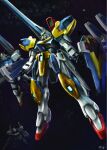  arms_at_sides asteroid beam_cannon beam_rifle character_request check_character commentary_request energy_gun flying full_body glowing glowing_eyes green_eyes gun gun_blastor gundam highres hiwa_industry holding holding_gun holding_weapon legs_apart mecha mobile_suit no_humans open_hands robot science_fiction shield signature space star_(sky) v2_assault-buster_gundam v2_gundam v_dash_gundam_hexa v_gundam victory_gundam weapon 