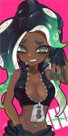  1girl bare_shoulders black_gloves black_hair breasts cephalopod_eyes cleavage commentary_request crop_top dark-skinned_female dark_skin eyelashes fingerless_gloves gloves gradient_hair green_eyes green_hair highres large_breasts long_hair marina_(splatoon) midriff mole mole_under_mouth multicolored_hair navel_piercing piercing pink_background qzcewaxd red_pupils signature simple_background smile solo splatoon_(series) splatoon_2 teeth tentacle_hair two-tone_hair zipper zipper_pull_tab 