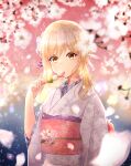  1girl absurdres blonde_hair blurry blurry_foreground cherry_blossoms dango eating falling_petals flower food genshin_impact hair_ornament hair_stick highres holding holding_food japanese_clothes kanzashi kimono led_awaame long_sleeves looking_at_viewer lumine_(genshin_impact) petals sanshoku_dango solo wagashi wide_sleeves yellow_eyes 