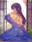  1girl back back_tattoo bare_back bare_shoulders blue_eyes blue_hair closed_mouth dragon_tattoo falling_petals fire_emblem fire_emblem_awakening hair_between_eyes hand_in_own_hair hand_up headband highres japanese_clothes kimono long_hair looking_at_viewer looking_back lucina_(fire_emblem) obsession open_door partially_undressed petals solo symbol-shaped_pupils tattoo 