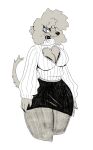 2024 anthro black_bottomwear black_clothing black_nose black_skirt bottomwear breasts canid canine canis cleavage clothed clothing digital_media_(artwork) domestic_dog female fully_clothed fur grey_body grey_fur grey_hair grey_tail greyscale hair hi_res mammal monochrome poodle portrait shirt simple_background skirt smile solo standing tail thick_thighs thorn_paw three-quarter_portrait topwear white_background white_clothing white_shirt white_topwear