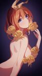  1girl absurdres back blue_eyes breasts breasts_out cleavage completely_nude dark_background eyebrows_visible_through_hair flower go-toubun_no_hanayome hair_ribbon highres large_breasts looking_at_viewer nakano_yotsuba nude orange_hair ribbon rose simple_background solo woodsbench 