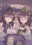  2girls @_@ absurdres animal_ears brown_eyes brown_hair cat_ears cat_girl cauldron colon_br fang halloween hat highres indoors multiple_girls open_mouth original skin_fang stirring upper_body witch witch_hat 