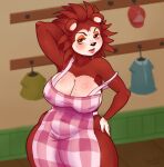 absurd_res animal_crossing anthro apron apron_only big_breasts blush bonkoarts breasts brown_body brown_eyes brown_fur cleavage clothed clothing eulipotyphlan eyelashes female freckles freckles_on_breasts fur hand_behind_head hand_on_hip hedgehog hi_res huge_breasts mammal navel_outline nintendo nipple_outline orange_eyeshadow sable_able solo tan_body tan_fur thick_thighs wide_hips
