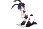  1boy ahoge animal_ears bare_shoulders black_hair black_thighhighs blue_bow blue_bowtie blue_footwear bow bowtie brown_eyes collarbone danganronpa_(series) danganronpa_v3:_killing_harmony detached_collar high_heels highres male_focus male_playboy_bunny nk_ndr_bu rabbit_ears rabbit_tail saihara_shuichi shoes short_hair solo tail thighhighs white_background wrist_cuffs 