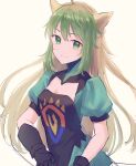  1girl animal_ears atalanta_(fate) black_dress black_gloves blonde_hair cleavage_cutout closed_mouth clothing_cutout dress fate/apocrypha fate_(series) gloves gradient_hair green_dress green_eyes green_hair highres kaori_(vuoian_appxv) light_smile looking_at_viewer multicolored_hair print_dress puffy_short_sleeves puffy_sleeves short_sleeves sidelocks simple_background solo two-tone_dress white_background 
