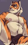animal_humanoid anthro belly cat_humanoid clothed clothing epic_games felid felid_humanoid feline feline_humanoid fortnite humanoid jockstrap jockstrap_only male mammal mammal_humanoid oscar_(fortnite) pantherine slightly_chubby snow.hound solo stripes tiger topless underwear underwear_only