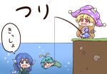  3girls american_flag_dress antennae blonde_hair blue_eyes blue_hair blush_stickers brown_eyes chibi clownpiece commentary_request eternity_larva fairy_wings fins fishing fishing_rod green_kimono hat head_fins highres japanese_clothes jester_cap kimono mermaid monster_girl multiple_girls open_mouth polka_dot_headwear red_eyes shell shitacemayo smile touhou translation_request wakasagihime wings worm 