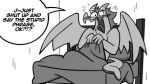  anthro bed blush comic dragon embarrassed english_text furniture hi_res humor miikesobi monochrome roleplay solo text 