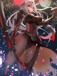  1girl black_bodysuit bodysuit breasts full_moon goddess_of_victory:_nikke grey_hair hair_ornament highres long_hair momdy_(talesshinja) moon petals red_eyes scabbard scarlet_(black_shadow)_(nikke) scarlet_(nikke) sheath solo sword weapon 