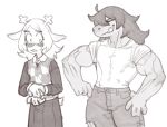  2girls antlers blush cerebro_podrido deer_girl deltarune denim greyscale highres jeans long_sleeves monochrome multiple_girls muscular muscular_female noelle_holiday pants reptile_girl sharp_teeth shirt short_sleeves susie_(deltarune) sweater_vest t-shirt teeth tight_clothes tight_shirt torn_clothes torn_jeans torn_pants yuri 