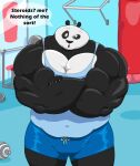 2016 anthro bear black_body black_fur bottomwear clothing dreamworks english_text exercise_equipment fur giant_panda green_eyes gym hi_res kung_fu_panda male mammal master_po_ping muscular muscular_anthro muscular_male open_mouth shirt shorts sleeveless_shirt solo speech_bubble text topwear weights white_body white_fur xxsparcoxx