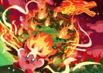 absurdres blush_stickers cloud colored_skin dragon fire highres kirby kirby&#039;s_return_to_dream_land kirby_(series) monster_flame no_humans open_mouth pink_skin signature star_(symbol) tree watawata22 