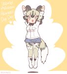  1girl african_wild_dog_(kemono_friends) animal_ears arms_up boots bow bowtie coroha dog_ears dog_girl dog_tail extra_ears full_body grey_hair jumping kemono_friends looking_at_viewer pantyhose shirt short_hair shorts simple_background solo tail yellow_background 