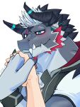 anthro aoi_tachi0 blue_eyes blush dragon duo giansar grey_body hair hand_holding hi_res horn human lifewonders live_a_hero male mammal smile stubble tusks white_hair