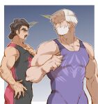  2boys beard black_hair drayden_(pokemon) facial_hair feet_out_of_frame highres long_hair looking_at_another male_focus manly mature_male multiple_boys muscular muscular_male mustache pectorals pokemon pokemon_bw pokemon_sv saguaro_(pokemon) sanwari_(aruji_yume) simple_background singlet thick_arms thick_eyebrows white_hair wrestling_singlet yellow_eyes 