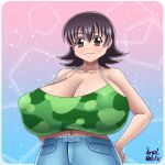  1girl azrael_webster azumanga_daioh blush breasts brown_eyes brown_hair cleavage denim gigantic_breasts hands_on_own_hips highres jeans looking_at_viewer pants smile solo takino_tomo tank_top 