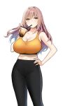  1girl bangs bare_shoulders black_pants blush breasts brown_eyes brown_hair bubble_tea cleavage collarbone cup disposable_cup drinking drinking_straw highres holding holding_cup huge_breasts kaori_(sky-freedom) long_hair looking_at_viewer orange_sports_bra original pants simple_background sky-freedom solo sports_bra thighs tight tight_pants white_background yoga_pants 
