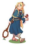  1girl :t absurdres blonde_hair braid dungeon_meshi eating elf feet food green_eyes highres holding holding_food hood long_hair long_sleeves looking_at_viewer mage_staff marcille_donato parted_bangs pointy_ears sandals simple_background solo toes xela 
