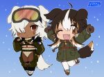  2girls :&lt; :3 animal_ears animal_hands arms_up blue_background blush_stickers boots brown_eyes brown_hair brown_pantyhose chest_harness chibi closed_mouth clothing_cutout cropped_jacket dark-skinned_female dark_skin dog_ears dog_girl dog_tail drooling english_commentary fang fingerless_gloves french_flag full_body fur-trimmed_boots fur-trimmed_jacket fur_collar fur_trim gloves goggles goggles_on_head gradient_background green_jacket hair_over_one_eye hand_on_own_hip hand_up harness jacket lapithai leotard leotard_sweater logo long_sleeves looking_at_viewer mole mole_under_mouth mouth_drool multicolored_hair multiple_girls one_eye_closed open_mouth original pantyhose paw_gloves simple_background ski_goggles snowing standing standing_on_one_leg streaked_hair sweater tail thigh_cutout turtleneck turtleneck_leotard turtleneck_sweater white_footwear white_hair 