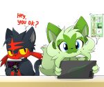  ambiguous_gender bodily_fluids duo english_text female holding_tablet litten looking_at_another looking_back naka_(artist) nintendo pok&eacute;mon pok&eacute;mon_(species) simple_background sprigatito sweat sweatdrop tablet text video_games 