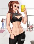  3girls artist_name ass bare_arms bare_shoulders black_pants blushyspicy breasts brigitte_(overwatch) brown_eyes brown_hair closed_mouth clothes_lift cowboy_shot d.va_(overwatch) freckles gym gym_uniform highres holding holding_phone large_breasts long_hair multiple_girls navel overwatch pants phone ponytail red_shirt red_shorts shirt shirt_lift shorts shoulder_tattoo sidelocks smile stomach tattoo 