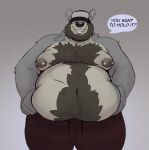 anthro bear beard belly belly_grab belly_overhang big_belly body_hair bottomwear chest_hair clothing dialogue ears_up facial_hair hairy hairy_belly hat hat_over_eyes headgear headwear male mammal moobs navel nipple_piercing nipples overweight overweight_anthro overweight_male pants piercing smile soft_belly solo speech_bubble standing tcw