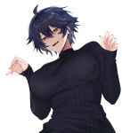  1girl absurdres ahoge black_hair black_sweater breasts deroo earrings from_below hair_between_eyes highres jewelry large_breasts original parted_lips ribbed_sweater short_hair sleeves_past_wrists solo sweater teeth turtleneck turtleneck_sweater upper_teeth_only yellow_eyes 