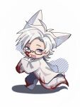  1boy :3 absurdres animal_ears ashao35846 blood blood_on_clothes blood_on_face blood_on_tail blue_eyes chinese_commentary commentary_request fox_boy fox_ears fox_tail glasses highres kanou_aogu kemonomimi_mode lab_coat long_sleeves male_focus open_mouth rectangular_eyewear running saibou_shinkyoku semi-rimless_eyewear short_hair single_blush_sticker sleeves_past_fingers sleeves_past_wrists solo tail white_hair 