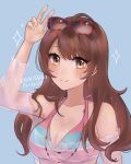  1girl blue_background breasts brown_eyes brown_hair cleavage earrings eyewear_on_head highres hoop_earrings jewelry kujikawa_rise long_hair looking_at_viewer med persona persona_4 purrlucii red-framed_eyewear smile solo sunglasses upper_body 