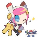  1boy 1girl blue_eyes cherry disembodied_limb food fruit gloves hand_on_own_hip highres holding holding_plate kirby:_planet_robobot kirby_(series) looking_at_viewer mask mecha_knight meta_knight nt_26 one_eye_closed parfait pink_hair plate simple_background skirt star_(symbol) susie_(kirby) white_background yellow_gloves 
