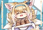  1girl ^_^ absurdres animal_ears arknights artist_name benizika blonde_hair blush braid braided_hair_rings chibi closed_eyes colored_tips commentary_request crossed_bangs cupcake earpiece facing_viewer food fox_ears fox_girl fox_tail hair_between_eyes hair_rings highres holding kitsune kyuubi multicolored_hair multiple_tails open_mouth signature solo suzuran_(arknights) tail translation_request twin_braids twitter_username two-tone_hair valentine white_hair 