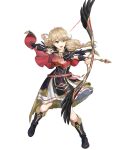  1girl alternate_costume armor arrow_(projectile) bag bangs belt black_footwear boots bow bow_(weapon) braid breastplate bridal_gauntlets brown_eyes brown_hair capelet dress faye_(fire_emblem) feather_trim feathers fire_emblem fire_emblem_echoes:_shadows_of_valentia fire_emblem_heroes full_body gold_trim hair_bow highres holding holding_bow_(weapon) holding_weapon knee_boots long_hair looking_away mikurou_(nayuta) non-web_source official_art open_mouth shiny shiny_hair short_sleeves shoulder_armor smile solo transparent_background twin_braids twintails weapon 