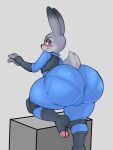  absurd_res anthro big_butt blush bulletproof_vest butt clothing disney female fingerless_gloves footwear gloves grey_background grey_body handwear hi_res judy_hopps knee_pads lagomorph leporid looking_at_viewer looking_back looking_back_at_viewer mammal police_uniform purple_eyes rabbit reddrago short_stack simple_background solo thick_thighs tight_clothing toeless_footwear uniform wide_hips zootopia 