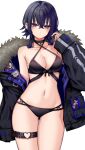  1girl bare_shoulders belt bikini black_belt black_bikini black_hair black_jacket blue_hair blush breasts cleavage collarbone crossed_bangs ear_piercing fur-trimmed_jacket fur_trim groin hair_between_eyes highres ichinose_uruha jacket kushinaka long_hair long_sleeves looking_at_viewer medium_breasts midriff navel piercing purple_eyes sidelocks solo standing swimsuit thigh_belt thigh_strap upper_body virtual_youtuber vspo! white_background 