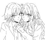  2girls blazer closed_mouth collared_shirt commentary_request hand_on_another&#039;s_shoulder heart jacket lineart long_hair long_sleeves looking_at_viewer multiple_girls necktie necktie_grab neckwear_grab original sakashima_0822 shirt short_hair sidelocks spoken_heart yuri 