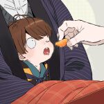  1boy aura blanket brown_hair child feeding food fruit gegege_no_kitarou grey_background hanten_(clothes) holding holding_food kitarou kitarou_tanjou:_gegege_no_nazo kunieda_(miniaturegarden) looking_at_another male_focus mandarin_orange one_eye_closed open_mouth out_of_frame shared_clothes short_hair solo_focus swept_bangs under_covers 