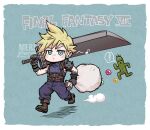  ! 1boy aqua_background aqua_eyes armor bag baggy_pants belt blonde_hair blue_pants blue_shirt blush boots brown_belt brown_footwear buster_sword chibi cloud_strife final_fantasy final_fantasy_vii final_fantasy_vii_remake gloves happy_birthday highres hitsuji_merry holding holding_bag holding_sword holding_weapon male_focus materia multiple_belts musical_note over_shoulder pants pointy_hair running sabotender shirt short_hair shoulder_armor single_bare_shoulder single_shoulder_pad sleeveless sleeveless_turtleneck spiked_hair spoken_exclamation_mark suspenders sword turtleneck twitter_username weapon weapon_over_shoulder 