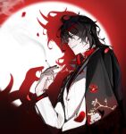  1boy absurdres black_cape black_hair black_nails cape cigarette different_shadow drop_shadow eyeshadow fingernails floral_print grin highres holding holding_cigarette horns jacket long_hair looking_at_viewer makeup male_focus migo45 nail_polish nijisanji nijisanji_en red_eyeshadow smile solo virtual_youtuber vox_akuma white_jacket yellow_eyes 