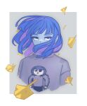  1girl absurdres blue_hair blue_skin colored_inner_hair colored_skin ginkgo_leaf grey_shirt hair_over_mouth highres jio_pi leaf looking_at_viewer medium_hair multicolored_hair original portrait purple_hair shirt wind 