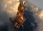  animal_focus axelsauerwald beak bird blue_sky brown_eagle cloud cloudy_sky copyright_notice dutch_angle eagle feathered_wings flying magic:_the_gathering midair painterly sky volcano wings 